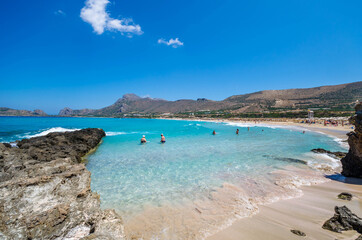 Fototapeta na wymiar Falasarna beach, one of the most famous beaches of Crete located in the Kissamos province, at the northern edge of Crete’s western coast.