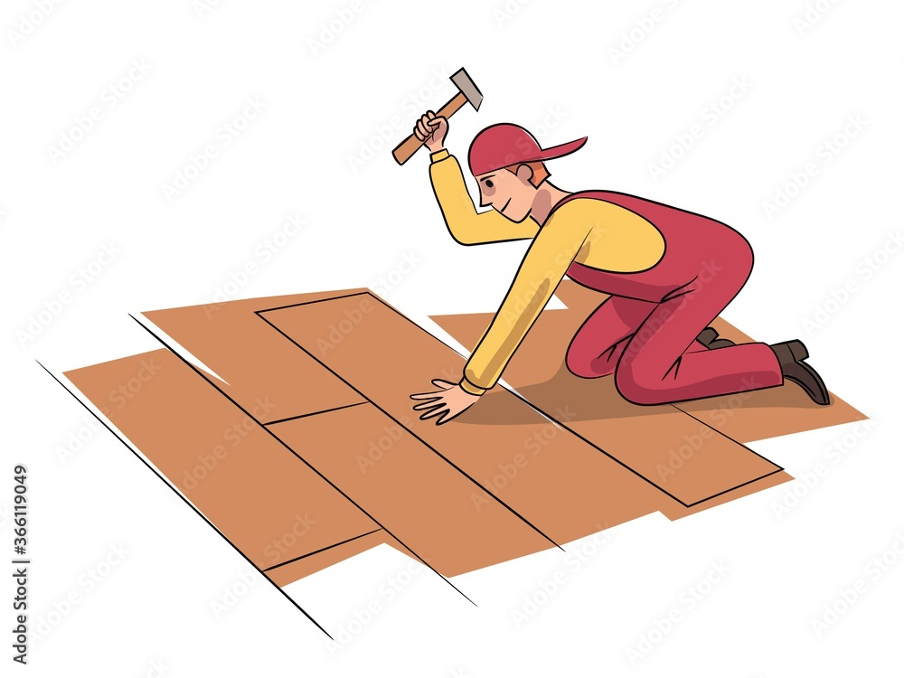 Wall mural Handyman worker repairs roof isolated on white background