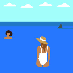 Two female characters in the water and a shark fin in the distance