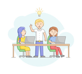 Creativity And Teamwork Concept. Business People Are Working Together On New Project Or Startup Together In The Coworking Cener With Team Leader. Cartoon Linear Outline Flat Style Vector Illustration