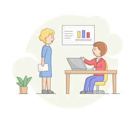 Creativity And Teamwork Concept. Business People Develop And Work On Project Or Startup Together In The Office. Man Works On Laptop. Boss And Employee. Cartoon Linear Outline Flat Vector Illustration