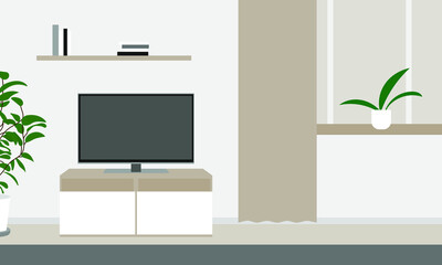 Room with TV, plants, bookshelf and window