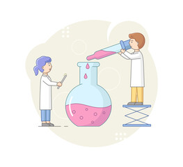 Science And Researches Concept. Male And Female Characters Make Researches. Laboratory Assistants Mixing Fluid In Flask. Scientists Doing Experiment. Cartoon Linear Outline Flat Vector Illustration