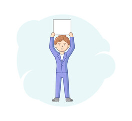 Announcement And Protest Concept. Woman Holding Placard Above Her Head. Activist Holding Sign, Banner On A Protest Demonstration Or Picket On Parade. Cartoon Linear Outline Flat Vector Illustration