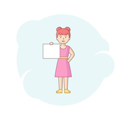 Announcement And Protest Concept. Woman Holding Placard In Front Of Her. Activist Holding Sign, Banner On A Protest Demonstration Or Picket On Parade. Cartoon Linear Outline Flat Vector Illustration