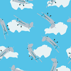 Seamless pattern retro white plane flying on blue background. Airplane fly kids print, vintage motif fabric textile cloth or baby boys wall paper, vector repeat design eps 10