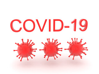 3D Text saying corona virus with red virus cells bellow
