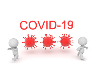 3D Text saying COVID-19 with red virus cells bellow