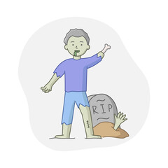 Concept Of Halloween Party Celebration. Man Disguised To Evil Character, Witch Or Vampire On Carnival. Boy Celebrates Holiday In Zombie Suit. Cartoon Linear Outline Flat Style. Vector Illustration