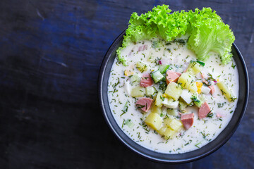 cold soup vegetables greens okroshka food background top view copy space for text organic eating healthy keto or paleo diet raw