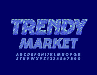Vector business logo Trendy Market. Blue Denim Font. Elegant Jeans Alphabet Letters and Numbers