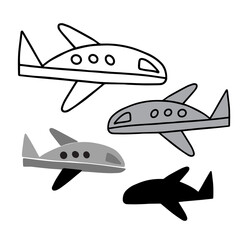 Isolated vector set of airplane, lined, silhouette and grey on white background