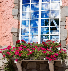 Fototapeta na wymiar Image of a window in an old house and flowers in front of the window. House in a European city.