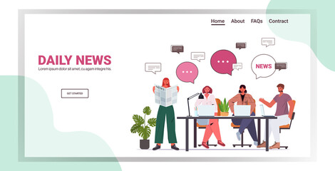 businesspeople reading newspaper discussing daily news during meeting chat bubble communication concept full length horizontal copy space vector illustration