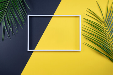 Summer composition with photo frame and green leaves on yellow background