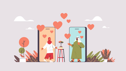 arab couple chatting online mobile dating app arabic man woman discussing during virtual meeting social relationship communication concept horizontal vector illustration