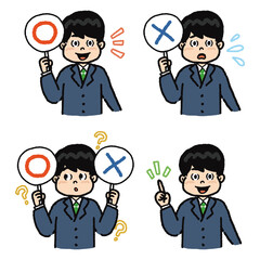 マルバツのプレートを持った若いスーツの男性セット