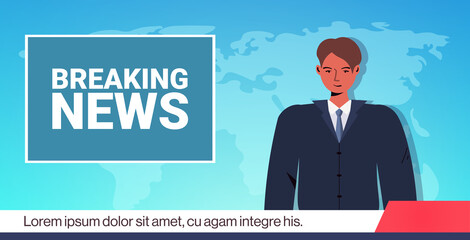 anchorman broadcasting daily breaking news on tv media journalism press concept horizontal portrait vector illustration