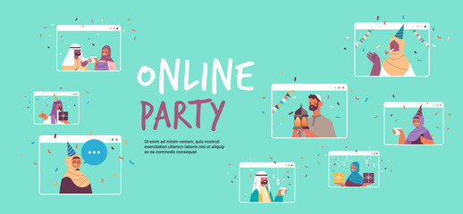 arab people in festive hats celebrating online birthday party arabic men women in web browser windows having fun celebration self isolation concept portrait horizontal copy space vector illustration