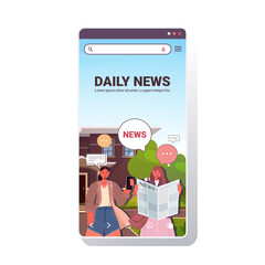 couple reading newspaper and discussing daily news during meeting chat bubble communication concept smartphone screen mobile app copy space portrait vector illustration