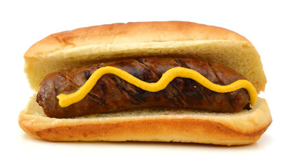 Fototapeta Grilled Bratwurst with mustard on bun. Isolated. obraz