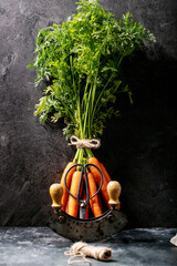 Bunch of fresh carrots with green leaves