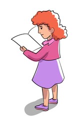 Cute girl stands reading book. Schoolgirl received textbook