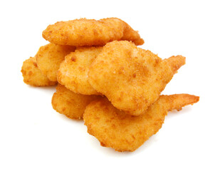Breaded Butterfly Prawns - Deep fried battered prawns filled on white background