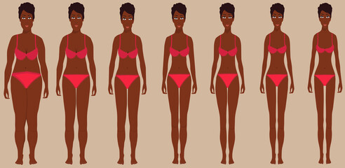 Stages of weight of a women from fat to slim - obrazy, fototapety, plakaty