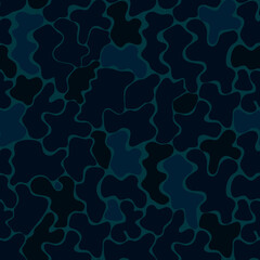Camouflage seamless pattern. Dark blue, black doodle spot stain. Camouflage pattern for military clothes, textile, army fabric, packaging, backgrounds, applications, textures. Stock vector picture.