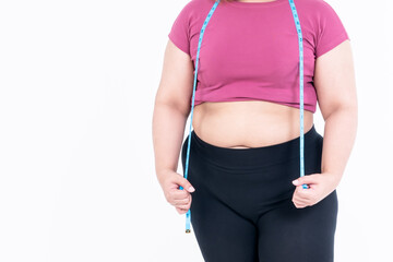 Obese woman holding a tape measure, On white background, to fat woman and health care concept.