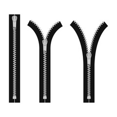 Zipper isolated on white background, Clothes zips, split cloth pulling zip, open or unzipped and close or zipper metal zip set. Vector illustration