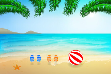 Hello Summer background with Beach Ball, and beach flip flops in the sand sea shore for summer season. Sea, sand, sky, plane, wave, sun, palm leaves. Stock vector illustration.