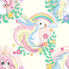 seamless pattern with cute unicorns, clouds,rainbow and stars. Magic background with little unicorns.
