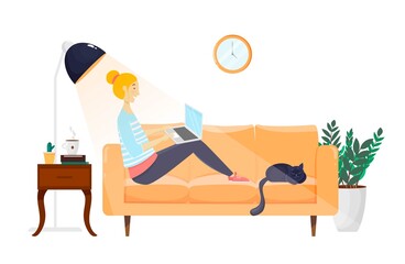 Freelancer, young woman working at home with laptop sitting on the couch in a living room. Apartments interior with plant, pictures, cat, table, lamp, clock. Home office
