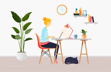 Freelancer, young woman working at home with laptop in a living room. Apartments interior with chair, plants, pictures, shelf, books, cat, desk, lamp. Home office. Vector illustration