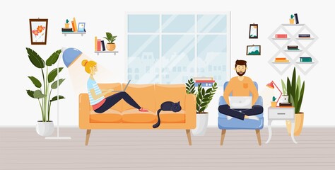 Freelancers, young woman and man working at home with laptops in a living room. Apartments interior with sofa, plants, armchair, pictures, lamp. Home office. Stay home VECTOR illustration