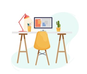 Modern office or home workplace design. Interior with desk, plants, cactus, computer, PC, lamp. Home office and working from home concept. Interior for freelancer