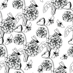 Seamless pattern with bee and flowers. Vector illustration.