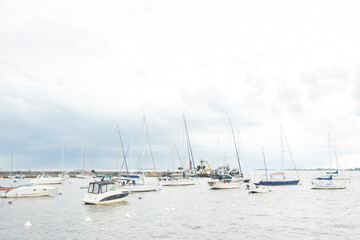 Fototapeta na wymiar Sailboats at anchor, view from the yacht dock in Colonia del Sacramento, Uruguay