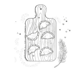 Vareniki on a wooden chopping board vector illustration. 