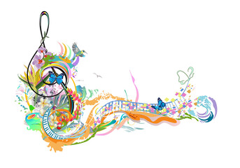 Abstract treble clef decorated with summer and spring flowers, palm leaves, notes, birds. Hand drawn musical vector illustration.