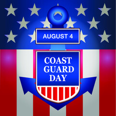 United States Coast Guard Day in the United States. Federal holiday celebrated on 4 August. Sea style. Design with anchor and American flag. Modern illustration for your design.