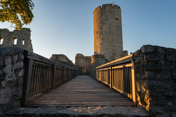 Bridge to castle ruin Wolfstein at Neumarkt, sunset evening in summer - obrazy, fototapety, plakaty