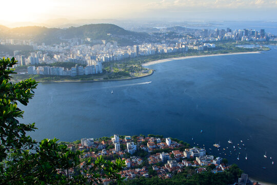 Urca in foreground and Flamengo in background neighbourhoods with central Rio de Janeiro in the distance and Guanabara Bay, Rio de Janeiro, Brazil