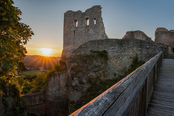 Sunset on castle ruin Wolfstein at Neumarkt, summer evening