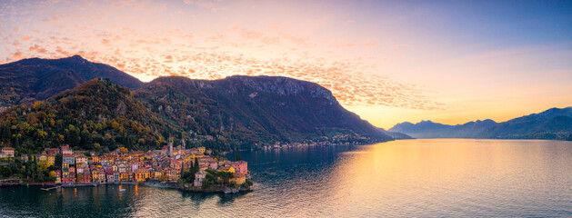 Panoramic aerial view of Varenna and Lake Como at sunrise, Lecco province, Lombardy, Italian Lakes