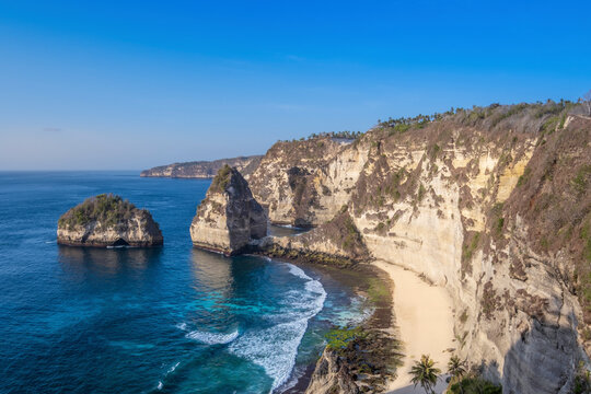View of Atuh beach and sandstone cliffs, Nusa Penida Island, Bali, Indonesia