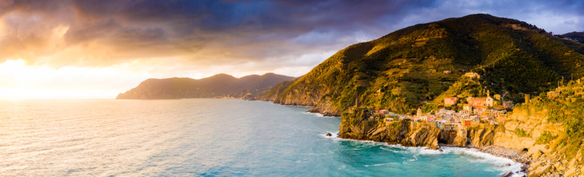 Panoramic aerial view of Vernazza at sunset, Cinque Terre, La Spezia province, Liguria