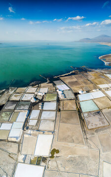Aerial panoramic of Lake Afrera (Lake Afdera) and salt flats, Danakil Depression, Afar Region, Ethiopia